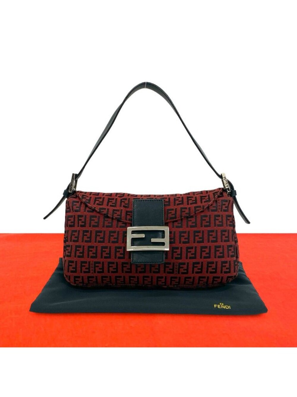 Fendi Vintage Zucchino FF Pattern Canvas Leather Shoulder Bag Red